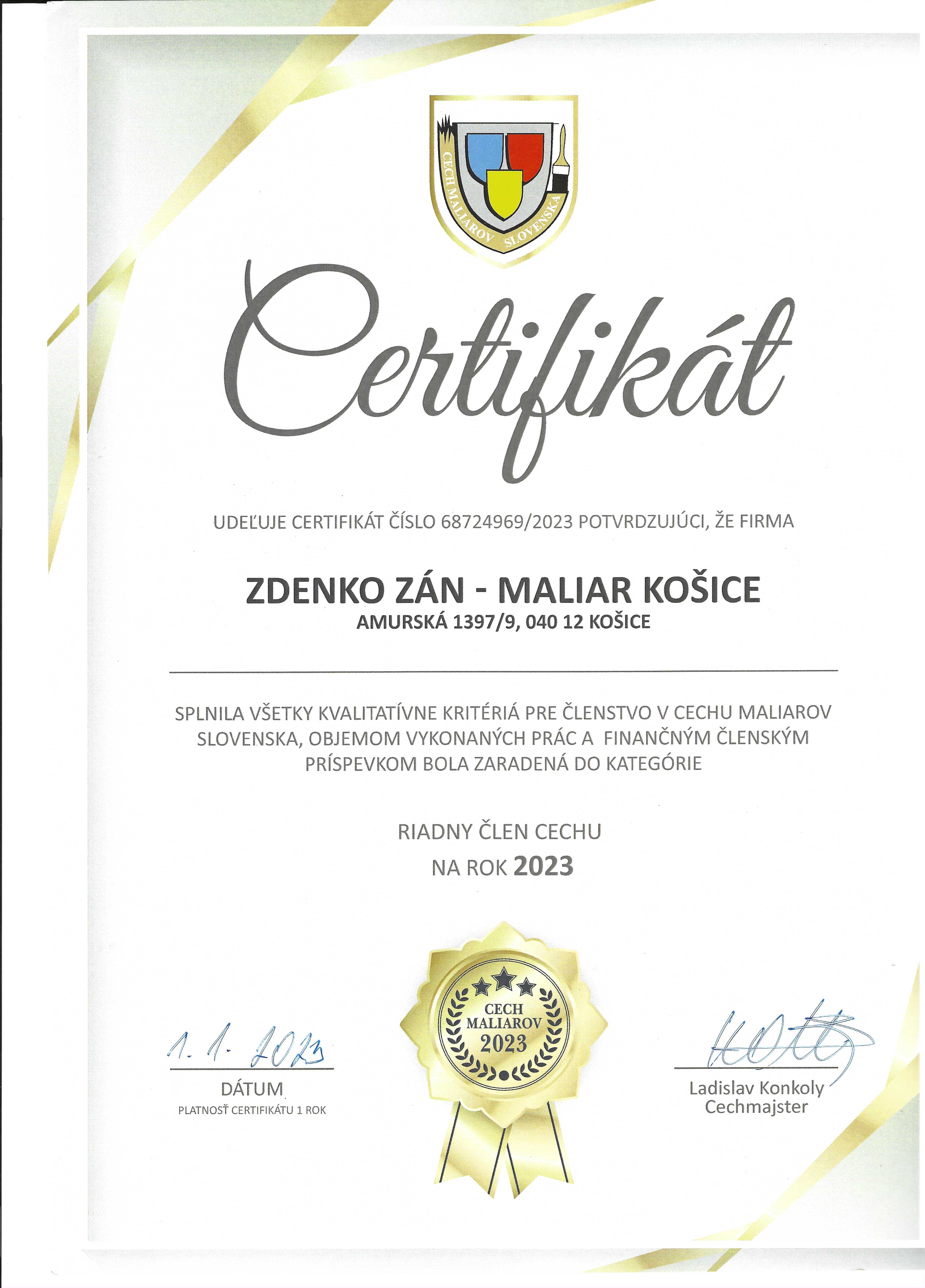 Maliar Košice | Certifikát Cech maliarov Slovenska Zán Zdeno Maliar Košice